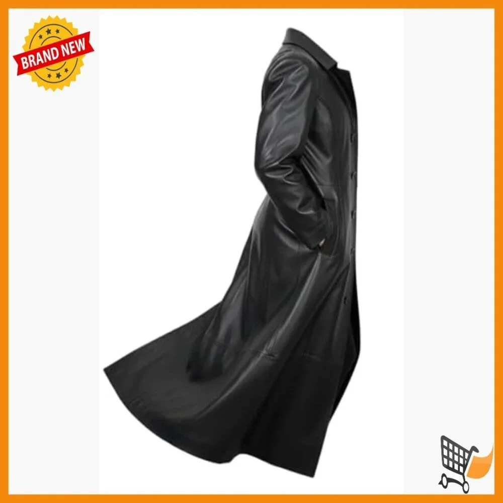 XL Lambskin Leather Trench Coat Long Duster Overcoat Mens Winter Outwear